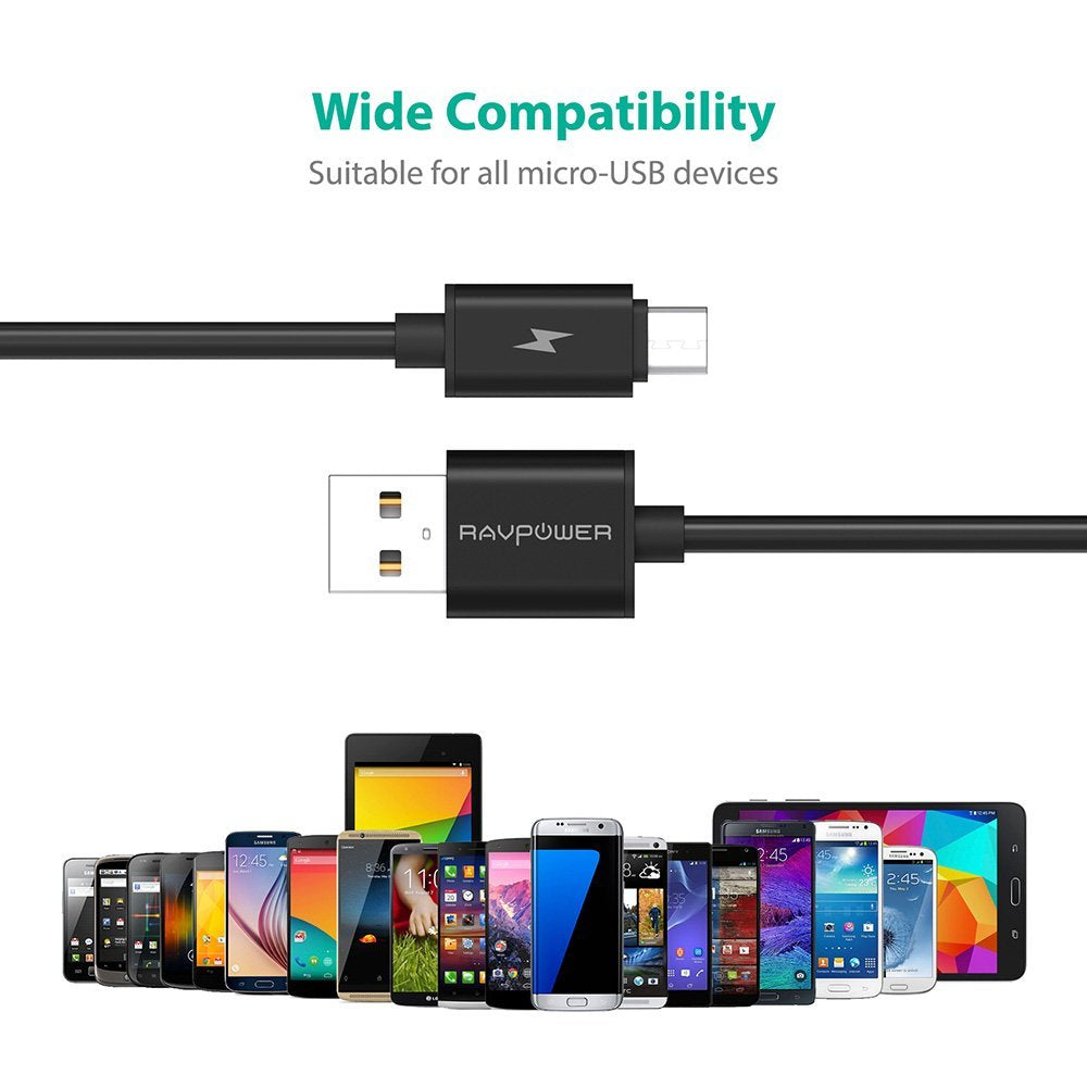 RAVPower 5 x USB 2.0 til Micro USB Cables (0.3 m + 2 x 0.9 m + 1.8 m + 3.0 m), Black -  fra RAVPower - nu kun 239 kr. Hos HjemTek 