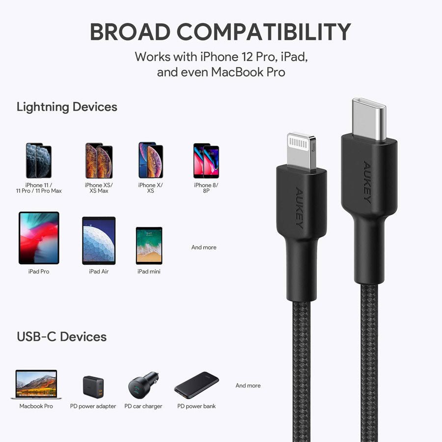 Aukey Braided Nylon 1,2m MFi USB-C til Lightning Kabel, Sort - HjemTek