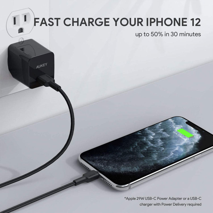 Aukey Braided Nylon 1,2m MFi USB-C til Lightning Kabel, Sort - HjemTek