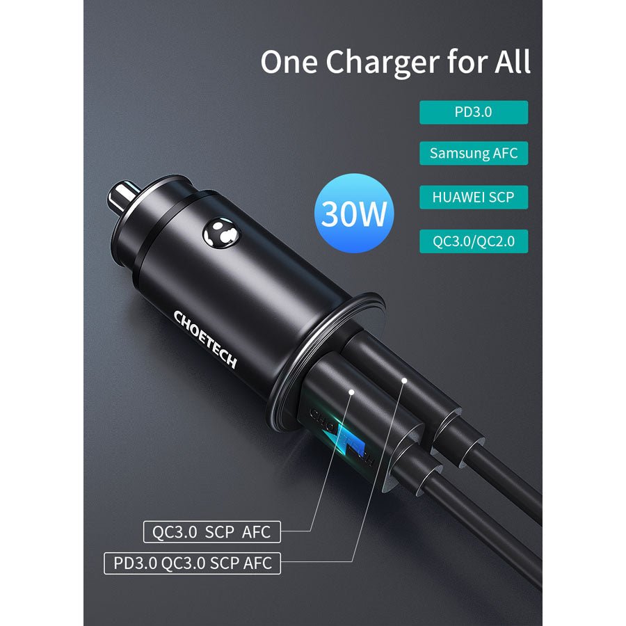 Choetech 30W USB-C PD+ USB-A QC Car Charger, Sort - HjemTek