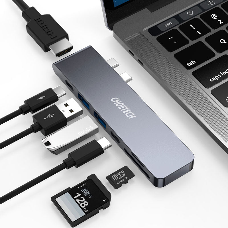 Choetech 7-i-1 4K/60Hz HDMI, USB 3.0, 87W USB-C Hub, Grå - HjemTek