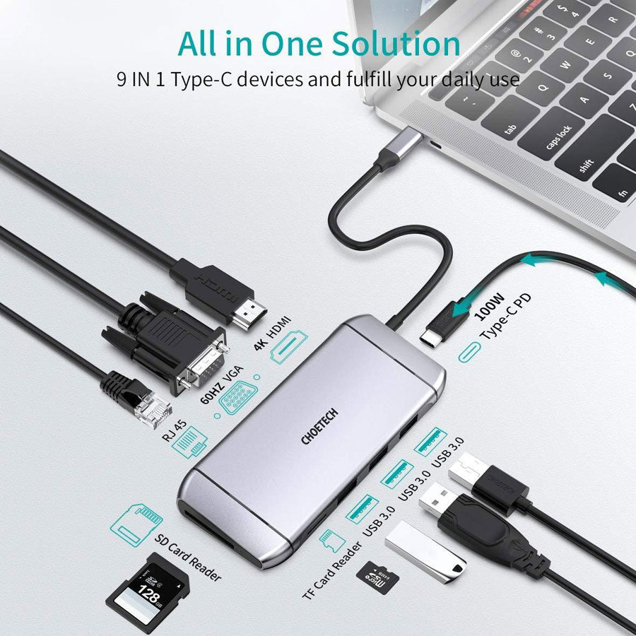 Choetech 9-i-1 4K HDMI, 100W PD og USB 3.0 USB-C Hub, Grå - HjemTek