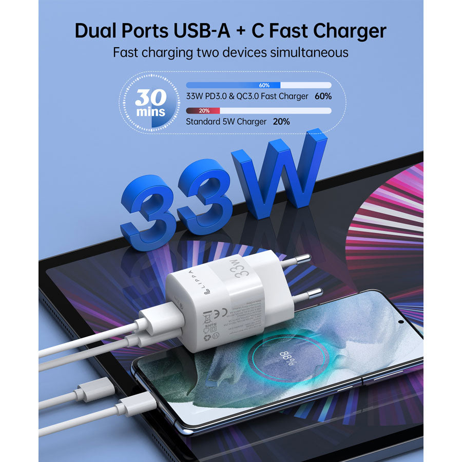 Lippa 33W USB-C PD & USB-A QC GaN Wall Charger, White -  fra Lippa - nu kun 189 kr. Hos HjemTek 