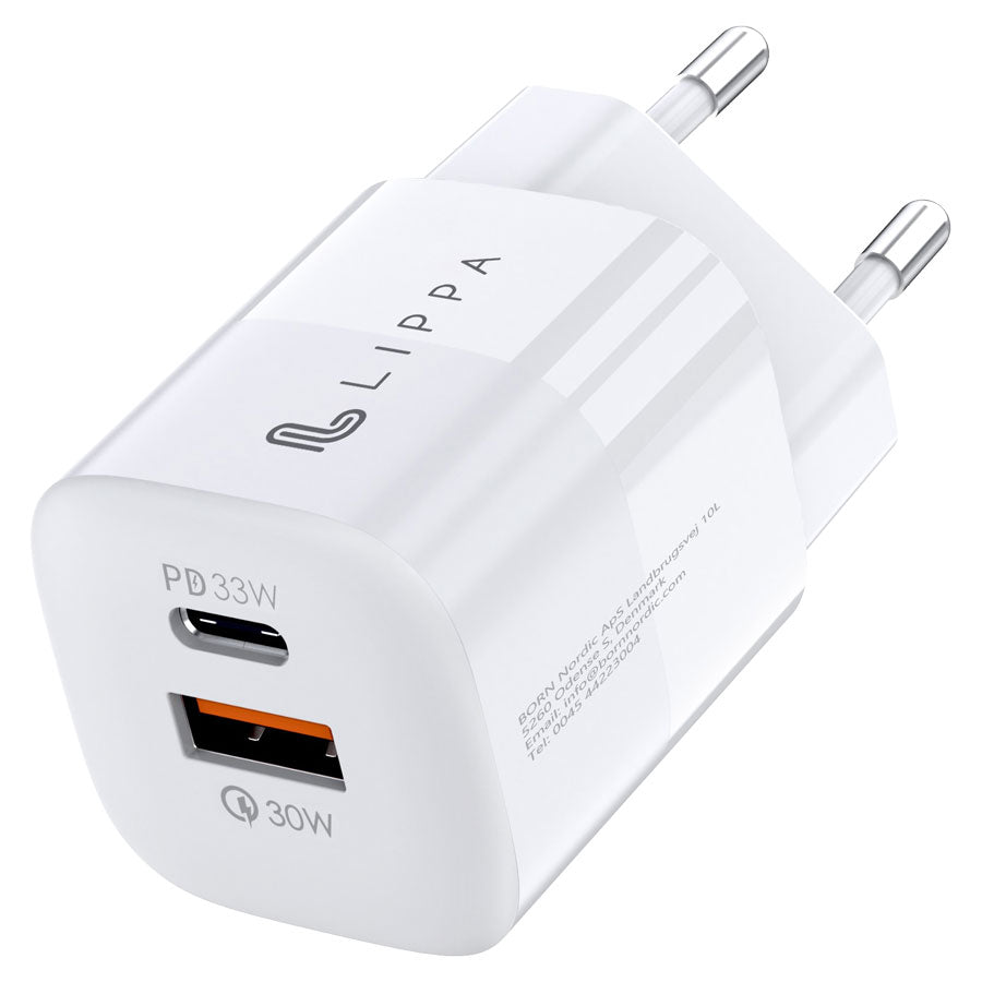 Lippa 33W USB-C PD & USB-A QC GaN Wall Charger, White -  fra Lippa - nu kun 189 kr. Hos HjemTek 