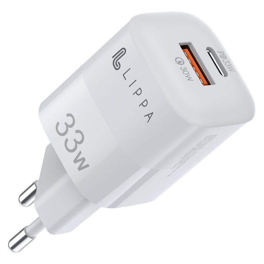 Lippa 33W USB-C PD & USB-A QC GaN Wall Charger, White -  fra Lippa - nu kun 189 kr. Hos HjemTek 